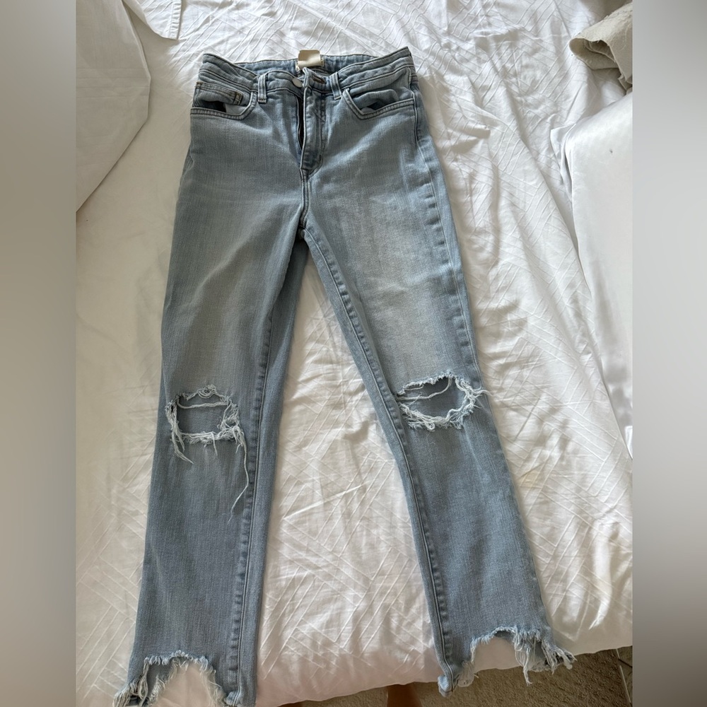 L'AGENCE Blue Straight Leg Jeans with Distressed Style